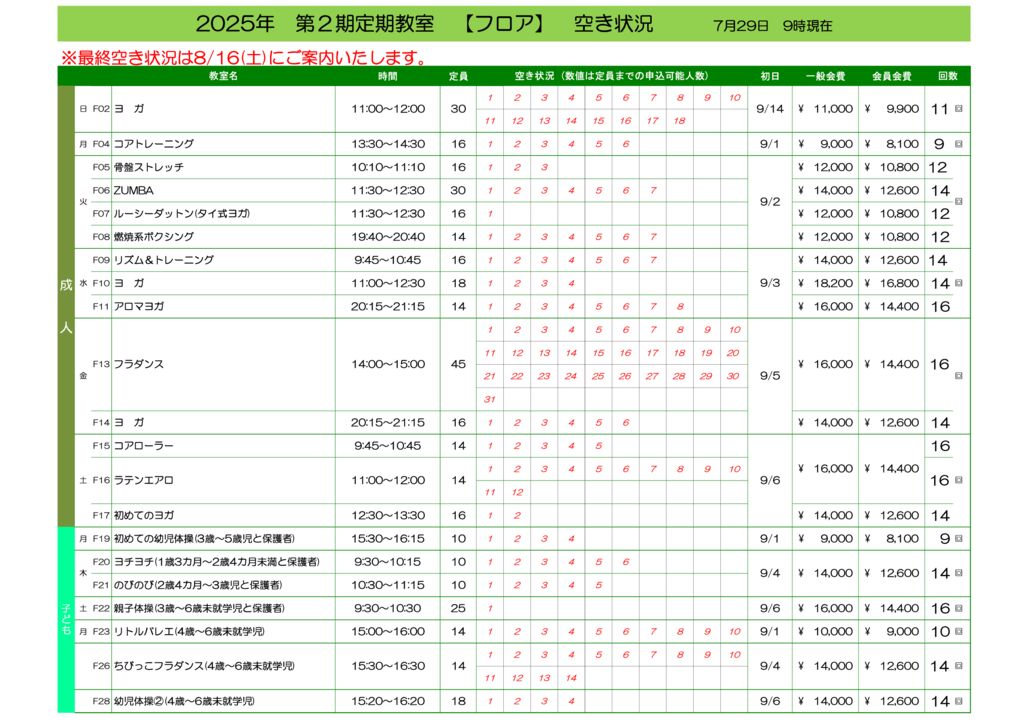 2025年度 定期教室 第2期 空き状況について - 鷺宮スポーツ