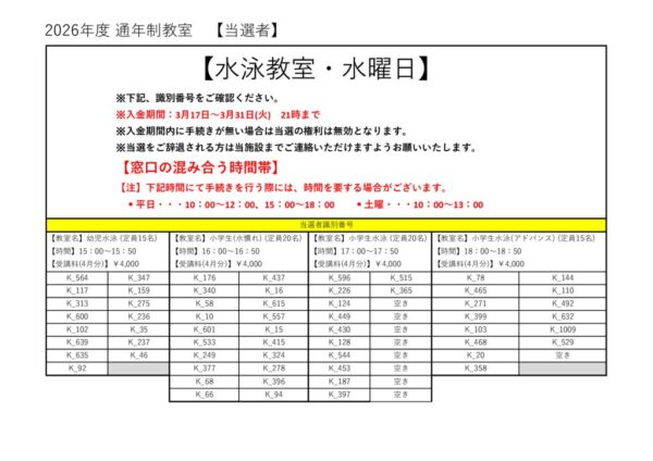 2026年度　プール子ども　水曜日当落のサムネイル