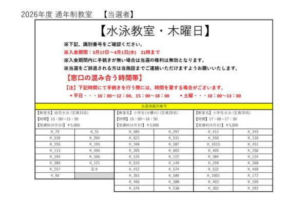 2026年度　プール子ども　木曜日当落のサムネイル
