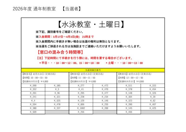 2026年度　プール子ども　土曜日当落のサムネイル