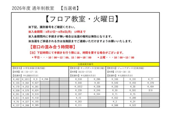 2026年度　フロア子ども　火曜日当落のサムネイル