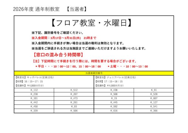 2026年度　フロア子ども　水曜日当落のサムネイル