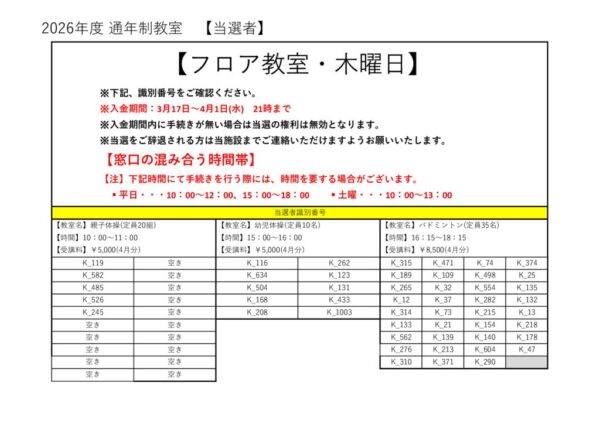 2026年度　フロア子ども　木曜日当落のサムネイル