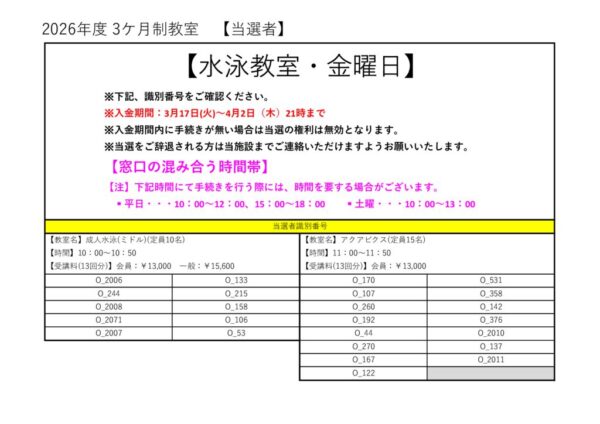 2026年度(４～６月)　プール大人　金曜日当落PDFのサムネイル