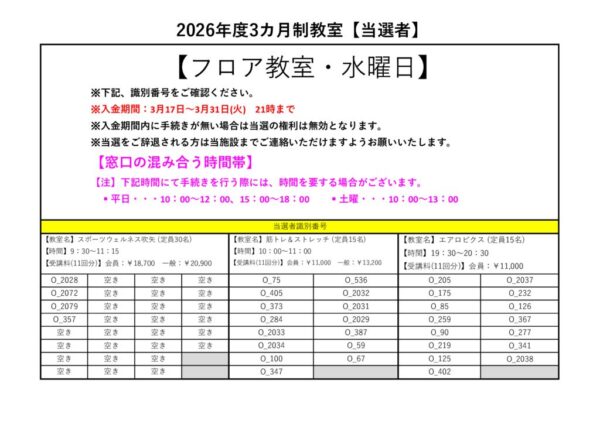 2026年度(４～６月)　フロア大人　水曜日当落PDFのサムネイル