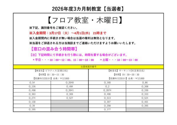2026年度(４～６月)　フロア大人　木曜日当落PDFのサムネイル