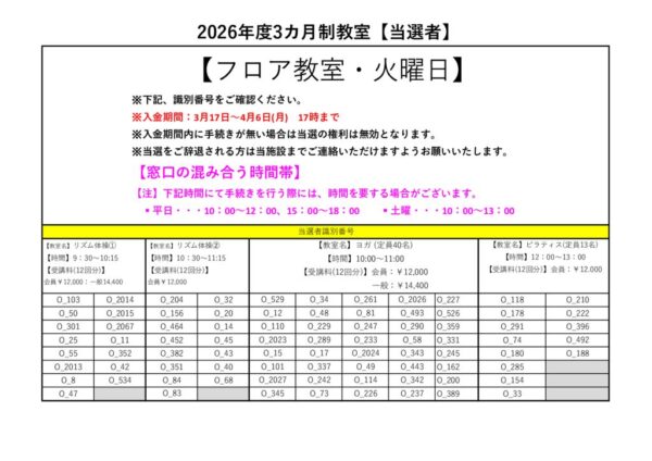 2026年度(４～６月)　フロア大人　火曜日当落PDFのサムネイル