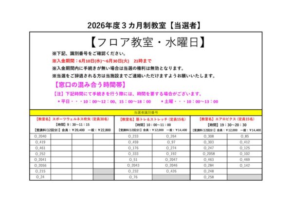 2026年度(7～9月)　フロア大人 　水曜日　当落PDFのサムネイル